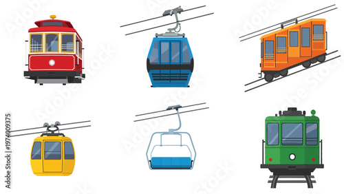 Diverse Cable Cars, Funiculars & Trams Set. Vector Icons of Mountain & Urban Transport Vehicles Collection.