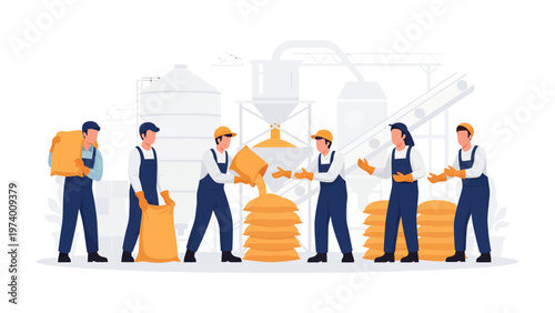 Industrial Workforce in Action: Dedicated workers are diligently engaged in industrial production, working together harmoniously at a grain processing facility.