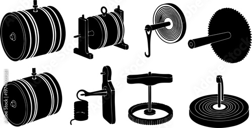 Set of black silhouette vector illustrations featuring vintage mechanical parts antique clockwork components spring coils industrial gears historical machinery elements for engineering design projects