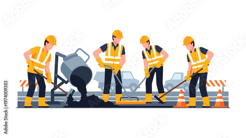 Road Construction Crew: A dedicated road construction team is hard at work, pouring and smoothing asphalt on a busy street, symbolizing progress and infrastructure development.