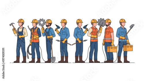 Construction Crew: A team of construction workers stand confidently, each showcasing their specific tools, symbolizing skill and teamwork in building structures. 