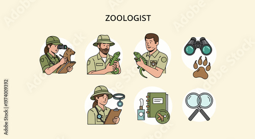 1 set of vector icons depicting Zoologist at work with equipment outdoors