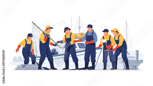 Seafarers at Work: A group of skilled seafarers diligently work together to handle equipment aboard a vessel, epitomizing the essence of teamwork and maritime life.