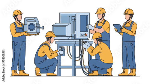 Team of Technicians in action: A group of skilled technicians is deeply immersed in their tasks, working diligently to install and service complex machinery. Depicting precision, expertise.