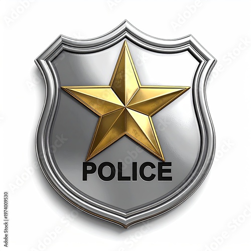 Silver police badge with a golden star emblem featuring bold black 