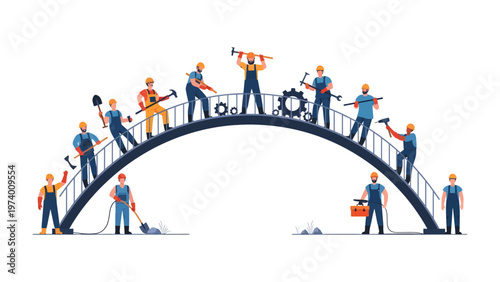 Bridging the Divide: A symbolic illustration depicts a team of builders meticulously constructing a bridge, symbolizing unity, collaboration, and progress.