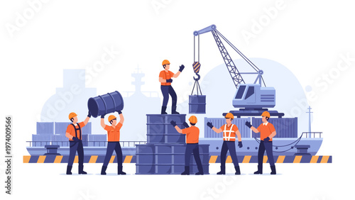Harmony of Industry: A vibrant scene of workers diligently managing cargo, showcasing the synchronized effort and precision that underpins the industry.