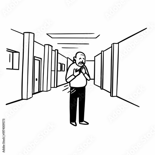 An older man clutching his chest in pain while standing in a hospital corridor