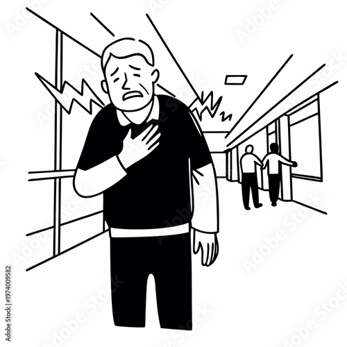 An older man clutching his chest in pain while standing in a hospital corridor