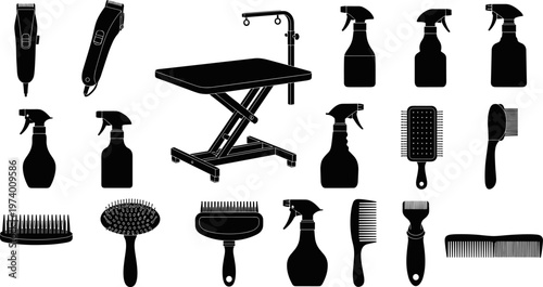 Professional pet grooming equipment collection featuring hair clippers spray bottles grooming table brushes and combs isolated black silhouette vector icons for animal care services.
