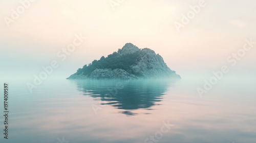 misty island in the middle of calm ocean, early morning fog, generative ai
