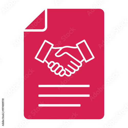 Red handshake document icon on white background for business agreement icon