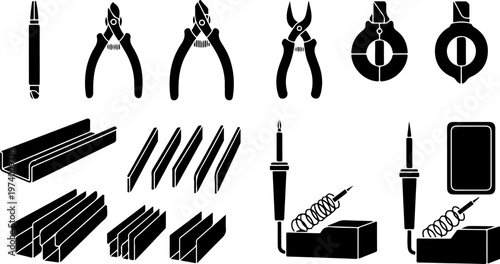 Professional collection of industrial electronics assembly tools including soldering iron station, precision.