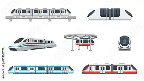 Modern Public Transport Collection: Monorail, High-Speed, and Light Rail Trains. Urban Mass Transit Vector Set