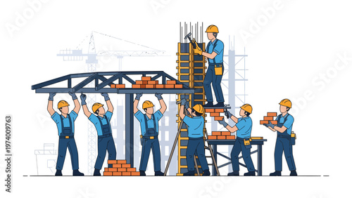 Construction teamwork: A team of construction workers collaboratively building a structure, symbolizing teamwork, progress, and the creation of something new.
