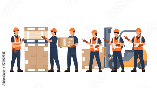 Efficient Team at the Warehouse: a diligent team of warehouse workers working in a dynamic environment, handling packages and crates efficiently and using equipment to facilitate the process.