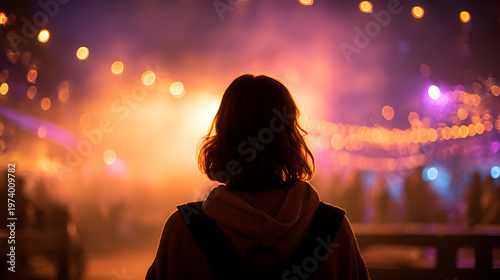 A person stands facing a vibrant, festive atmosphere, backlit by a multitude of lights. The ambiance suggests a lively event. 