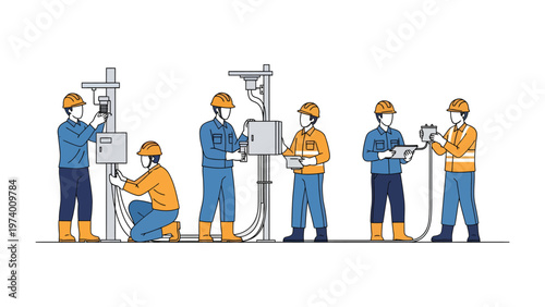 Engineering Team at Work: A team of skilled engineers in safety gear meticulously works on complex equipment. Their collaborative efforts showcase expertise and precision.