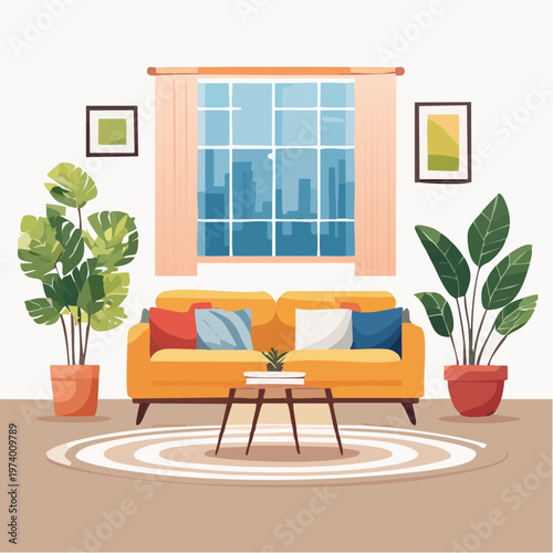 Bright and cozy living room with yellow sofa and abundant indoor plants