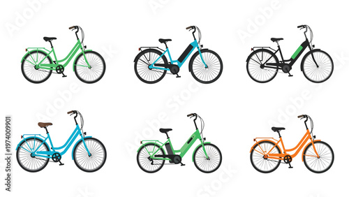 Colorful retro and electric bicycles and mopeds set. Diverse two-wheelers isolated on white background for design.