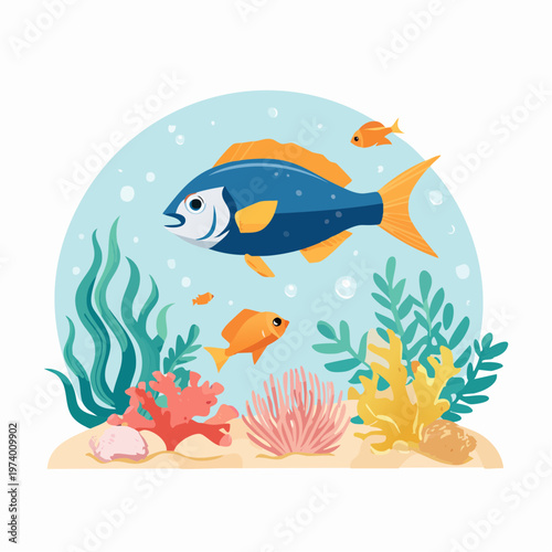 Colorful undersea ecosystem with various fish swimming amongst vibrant coral reefs and intricate aquatic plants in a serene marine environment