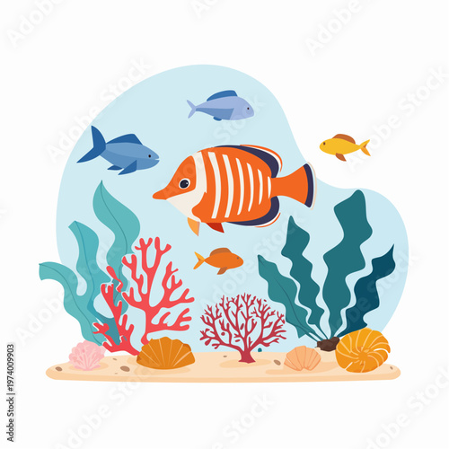Vibrant underwater scene with coral, shells, and diverse fish species swimming