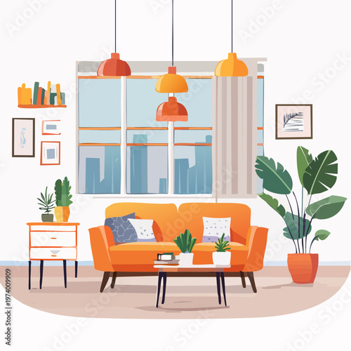 Modern living room illustration with a comfy orange sofa, stylish decor, lush plants, and a cityscape view through the large window, creating a serene and inviting home interior