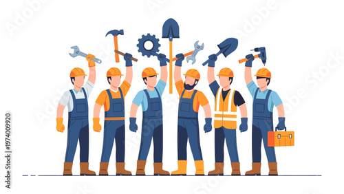 Celebrating Labor: A determined collective of construction workers, united in purpose, raises a variety of tools in a display of strength and skilled craftsmanship. 