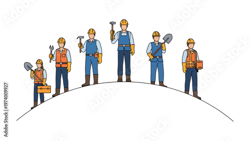 Construction Team on Duty: A team of construction workers stand united, each holding their respective tools, symbolizing the strength and unity of labor in the industry.