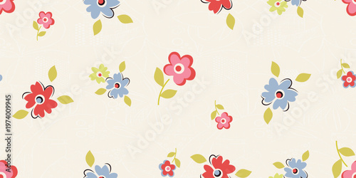 A seamless pattern featuring charming hand drawn flowers in soft pastel colors on a cream background
