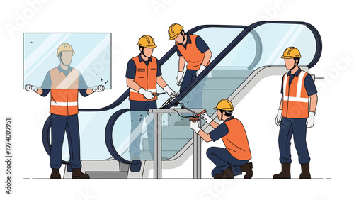 Escalator Repair Team: A skilled team of technicians works diligently to repair and maintain an escalator, ensuring the safety and functionality of this essential transportation system.