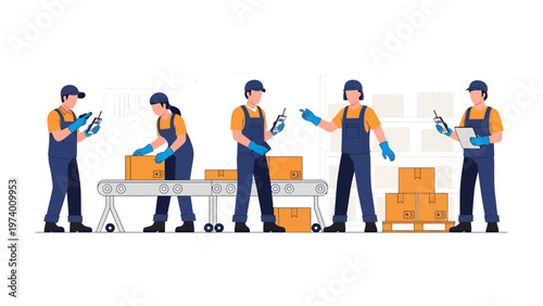 Production Line Workers: A depiction of diligent workers on a production line, meticulously handling packages and maintaining the flow of operations.