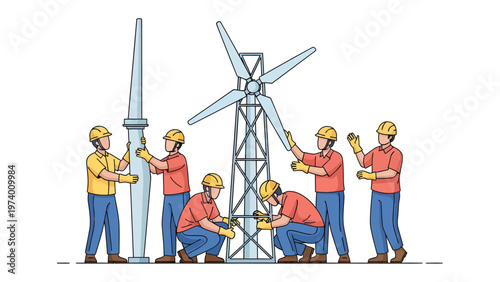 Building the Future: Construction workers collaborate to assemble a towering wind turbine, representing sustainable energy and progress.