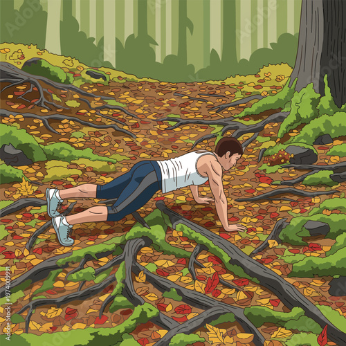 A man performing a push up exercise outdoors.