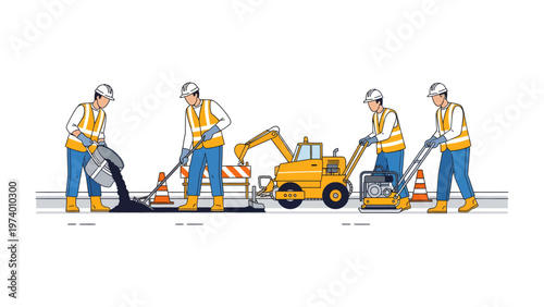 Roadwork in Progress: A team of dedicated workers meticulously execute the various stages of road construction, ensuring a smooth and durable surface for the community.