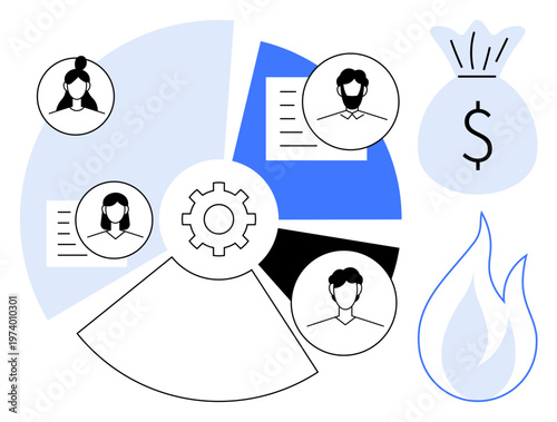 Finance management, human resources, workflow strategy, budget planning, teamwork, operational efficiency. Graph highlighting progress with gear icon, profiles money bag and flame. Finance