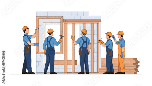 Building a Future Together: A group of skilled builders collaborates on the construction of a new structure, illustrating the process of building the home with dedication and precision.