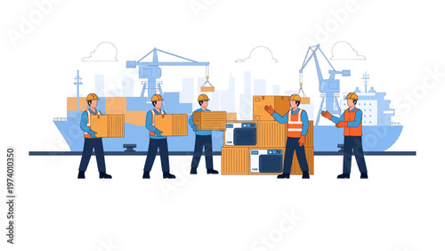 Shipping Yard Harmony: Workers orchestrate a smooth and efficient cargo transfer, showcasing the seamless dance of logistics at a bustling shipping yard.