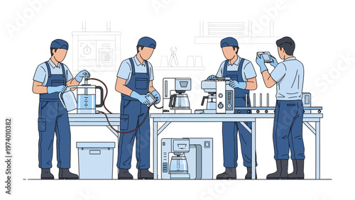 Coffee Machine Repair: A team of skilled technicians meticulously repair and maintain various coffee machines in a workshop setting, ensuring peak performance and customer satisfaction.