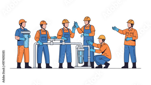 Factory Worker Collaboration: Skilled factory workers collaborate on a complex machine assembly. The scene showcases precise teamwork and attention to detail. 