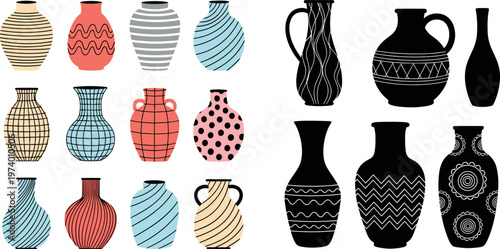 Modern Patterned Ceramic Vase Collection with Abstract Shapes Textured Designs and Silhouette Variations in Stylish Flat Vector Illustration Set