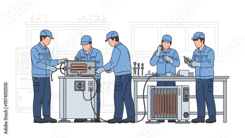 Industrial Precision: A team of skilled technicians meticulously works on complex machinery, embodying precision and expertise in their focused tasks. 