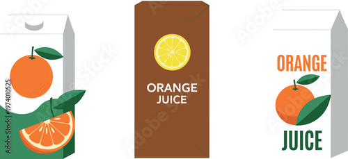 Orange Juice Carton Packaging Collection with Creative Label Designs and Citrus Fruit Illustrations for Beverage Branding, Fresh Drink, and Product Identity