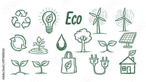 Eco-Friendly Icons: A collection of hand-drawn eco-friendly icons representing environmental consciousness, sustainability, and renewable energy. It shows a commitment to protect the Earth.