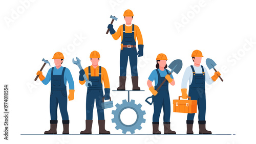 Builders' Collective: A group of skilled builders, each with a unique tool in hand, stands united, ready to construct and create. This image symbolizes teamwork, skill.