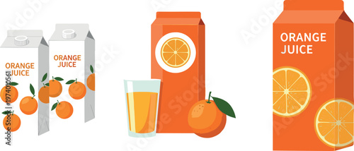Orange Juice Carton Packaging Set with Fresh Citrus Fruits, Glass Drink Illustration, and Modern Label Design for Beverage Branding and Product Presentation