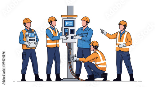 Technical Teamwork in Action: A team of skilled technicians diligently install and repair a parking payment system. They collaborate and concentrate to ensure everything works smoothly.