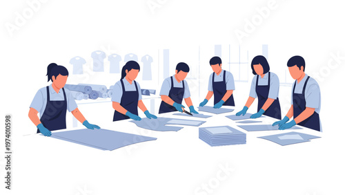 Precision and Unity in Textile Production: A diligent team collaborates in a textile factory, meticulously handling fabric with focused concentration and teamwork.