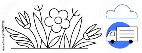 Sustainability, logistics, eco-delivery, nature preservation, transportation services, green technology. Floral elements surrounded by a delivery truck and cloud. Sustainability and logistics concept