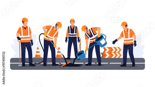 Road Repair Crew at Work: A team of dedicated workers diligently repairs a road, showcasing their expertise and precision in maintaining essential infrastructure.